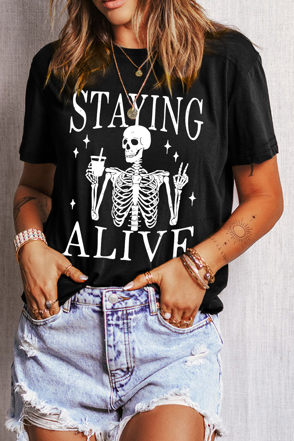 Black STAYING ALIVE Funny Skeleton Print Round Neck T Shirt - loveforevers