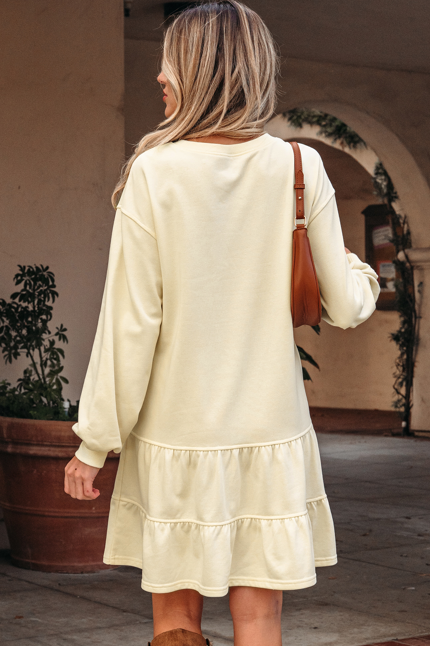 Beige Double Tiered Ruffle Hem Long Sleeve Loose Mini Dress - loveforevers