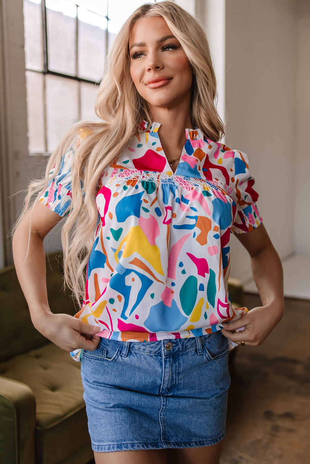 Multicolour Abstract Print Lace Detail Shirred Short Sleeve Split Neck Blouse - loveforevers