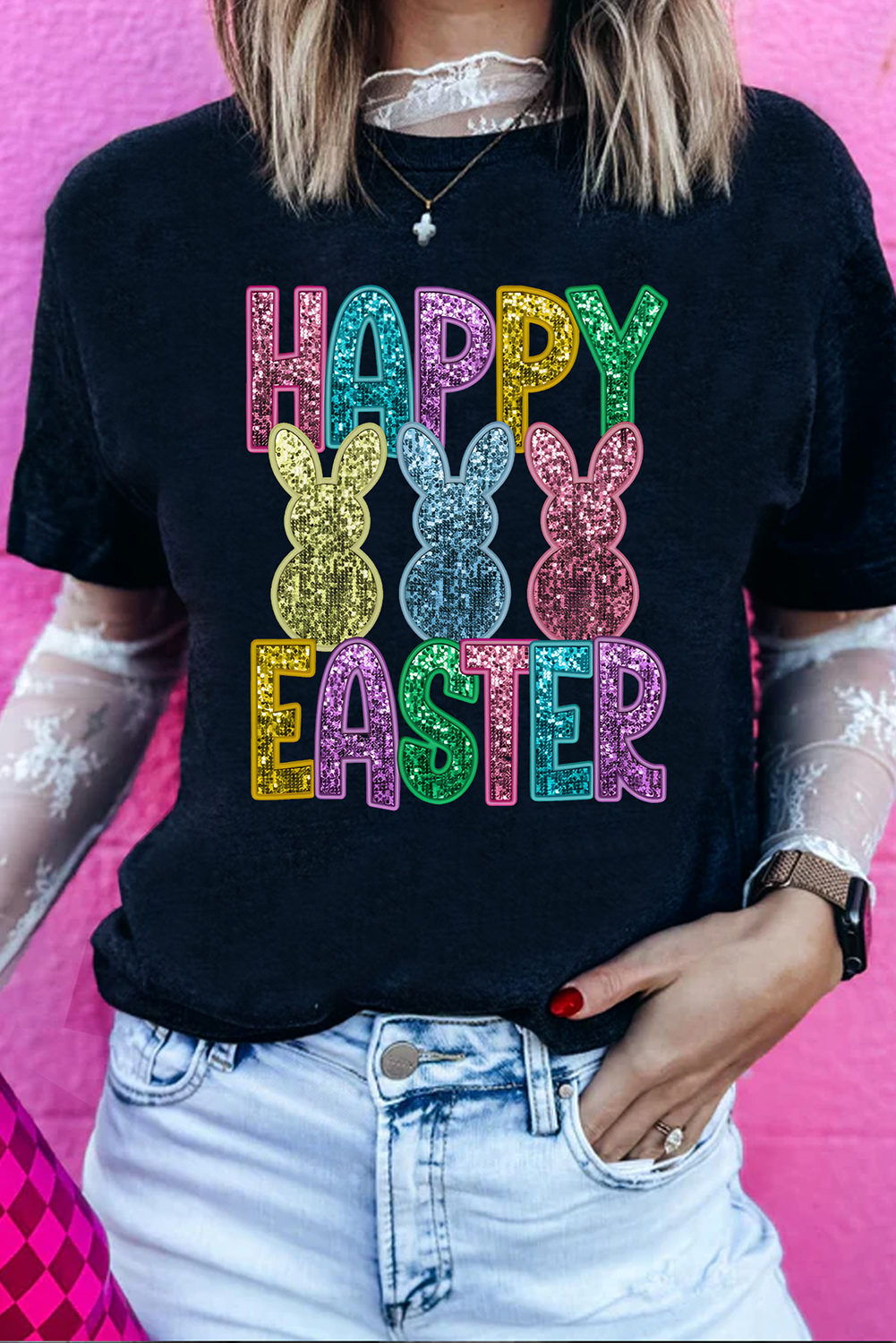 Black Glittering Bunny HAPPY EASTER Graphic T Shirt - loveforevers
