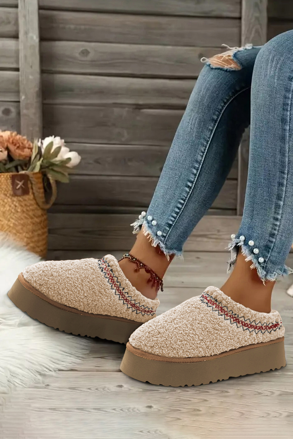 Oatmeal Embroidered Sherpa Plush Thick Sole Snow Boots - loveforevers