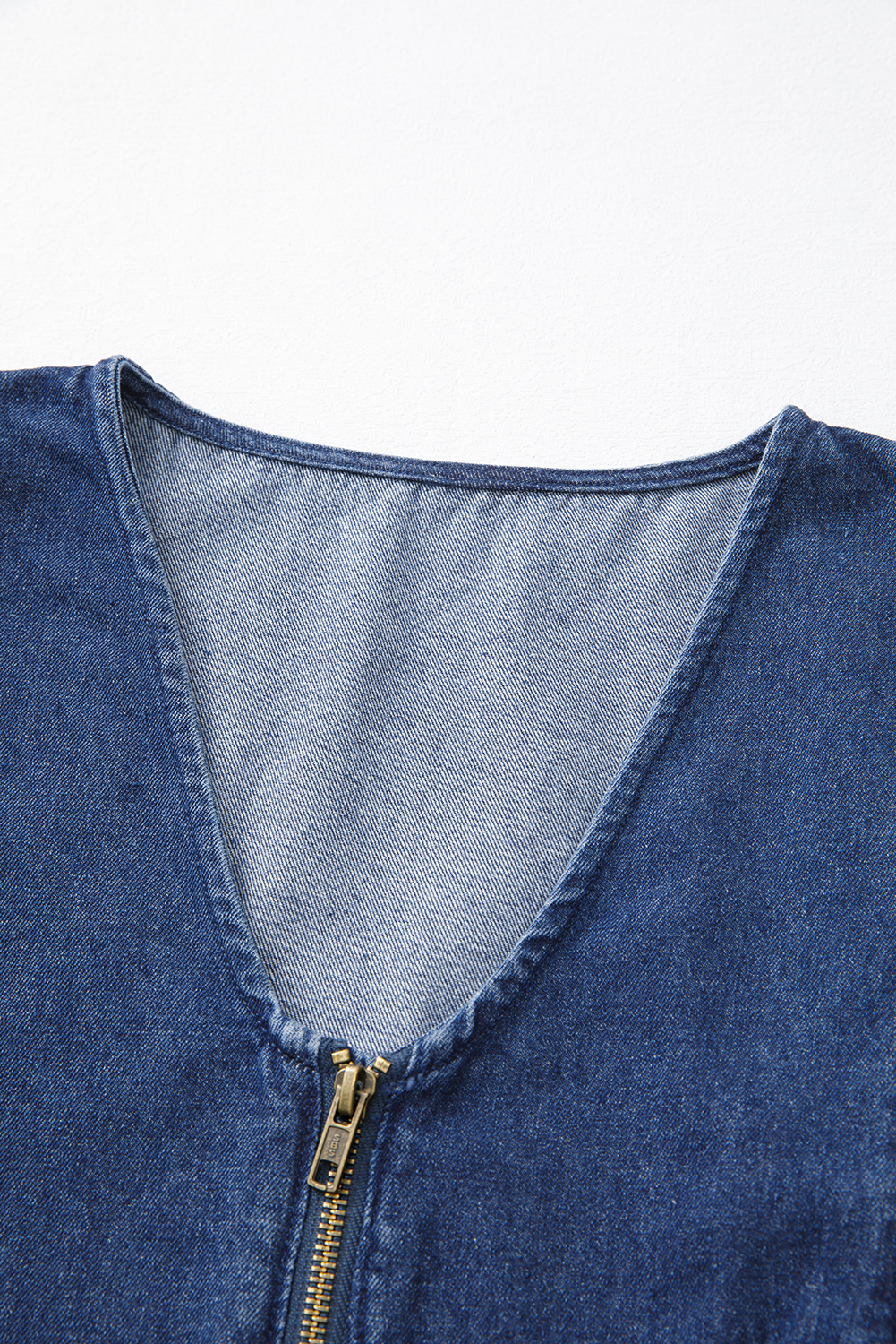 Sail Blue Denim Ruffled Zipped Front Belted Romper - loveforevers