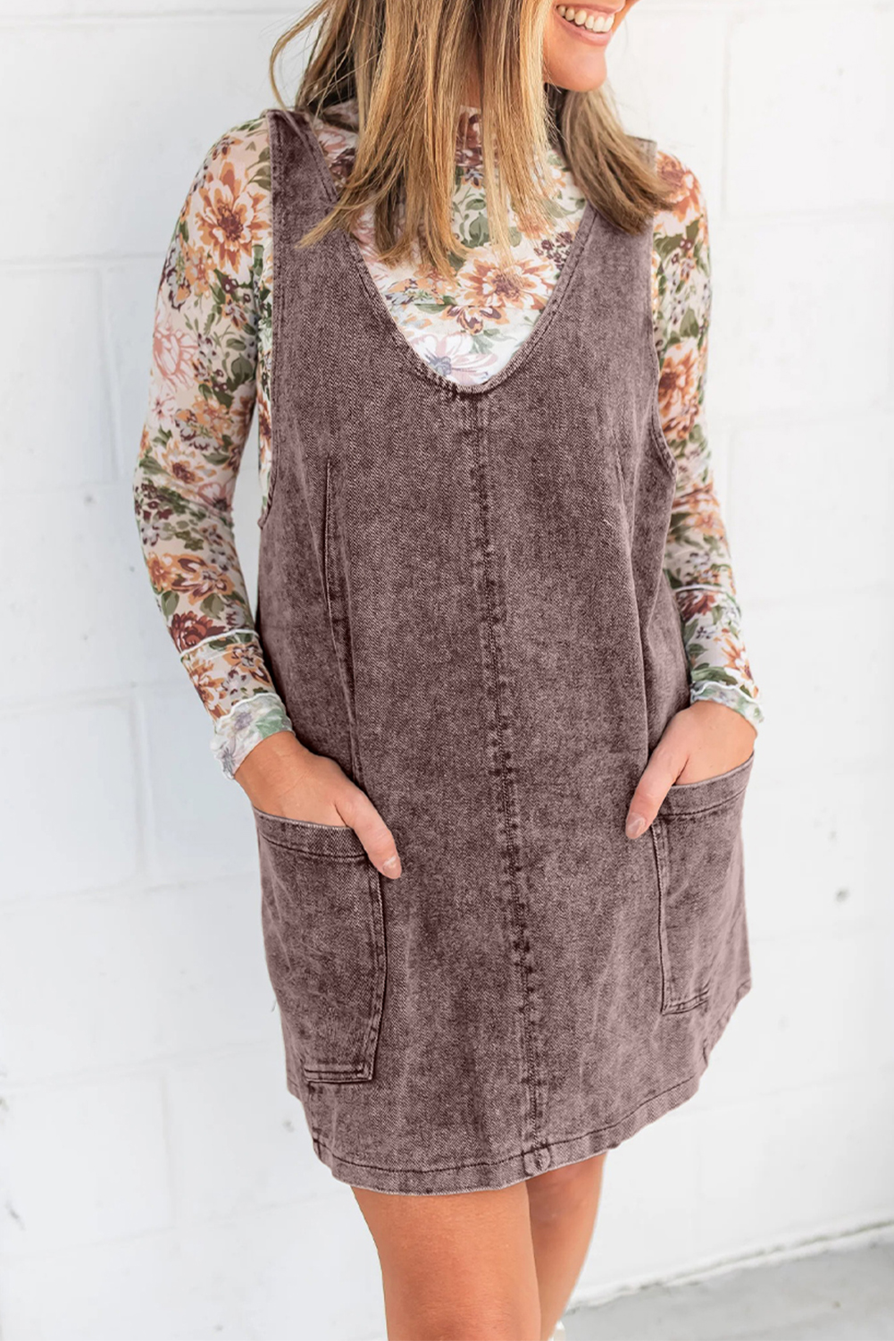 Goat Vintage Washed Denim V Neck Suspender Mini Dress - loveforevers
