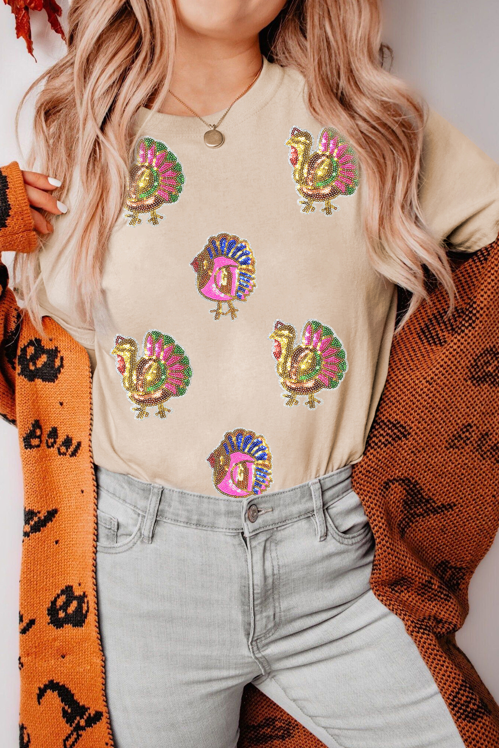 Khaki Sequin Turkey Patched Thanksgiving Graphic Tee - loveforevers