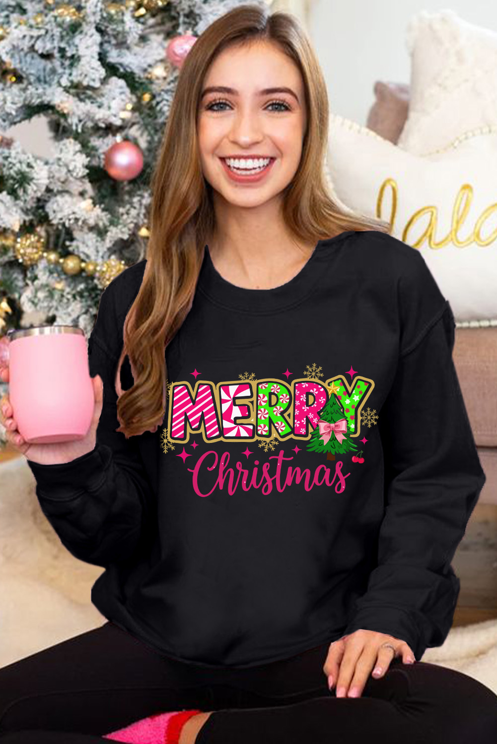 Black MERRY Christmas Playful Letter Print Drop Shoulder Sweatshirt - loveforevers