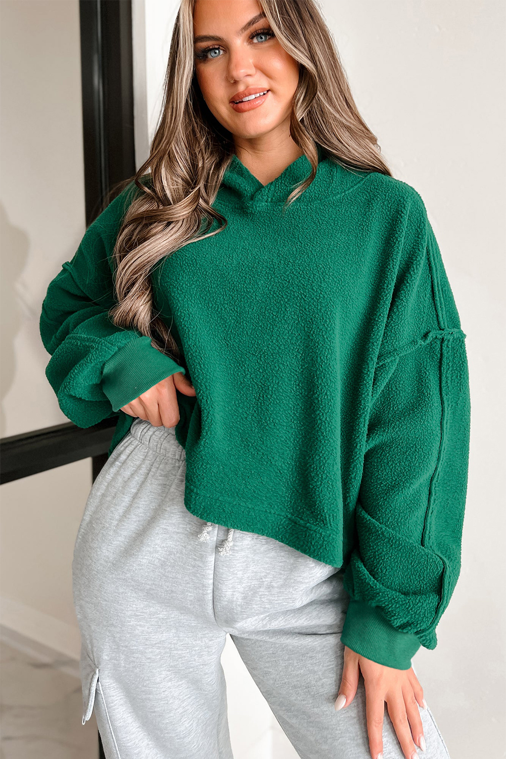 Dark Green Sherpa Fleece Drop Shoulder Hoodie - loveforevers