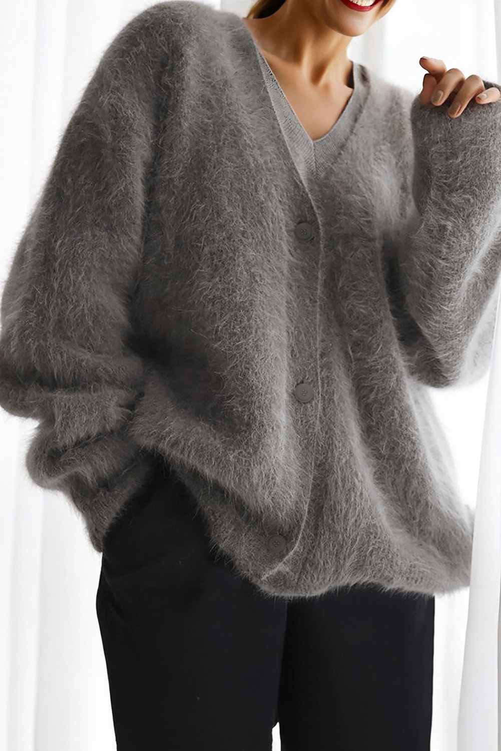 Philippine Gray V Neck Button Down Fuzzy Knit Mohair Sweater Cardigan - loveforevers