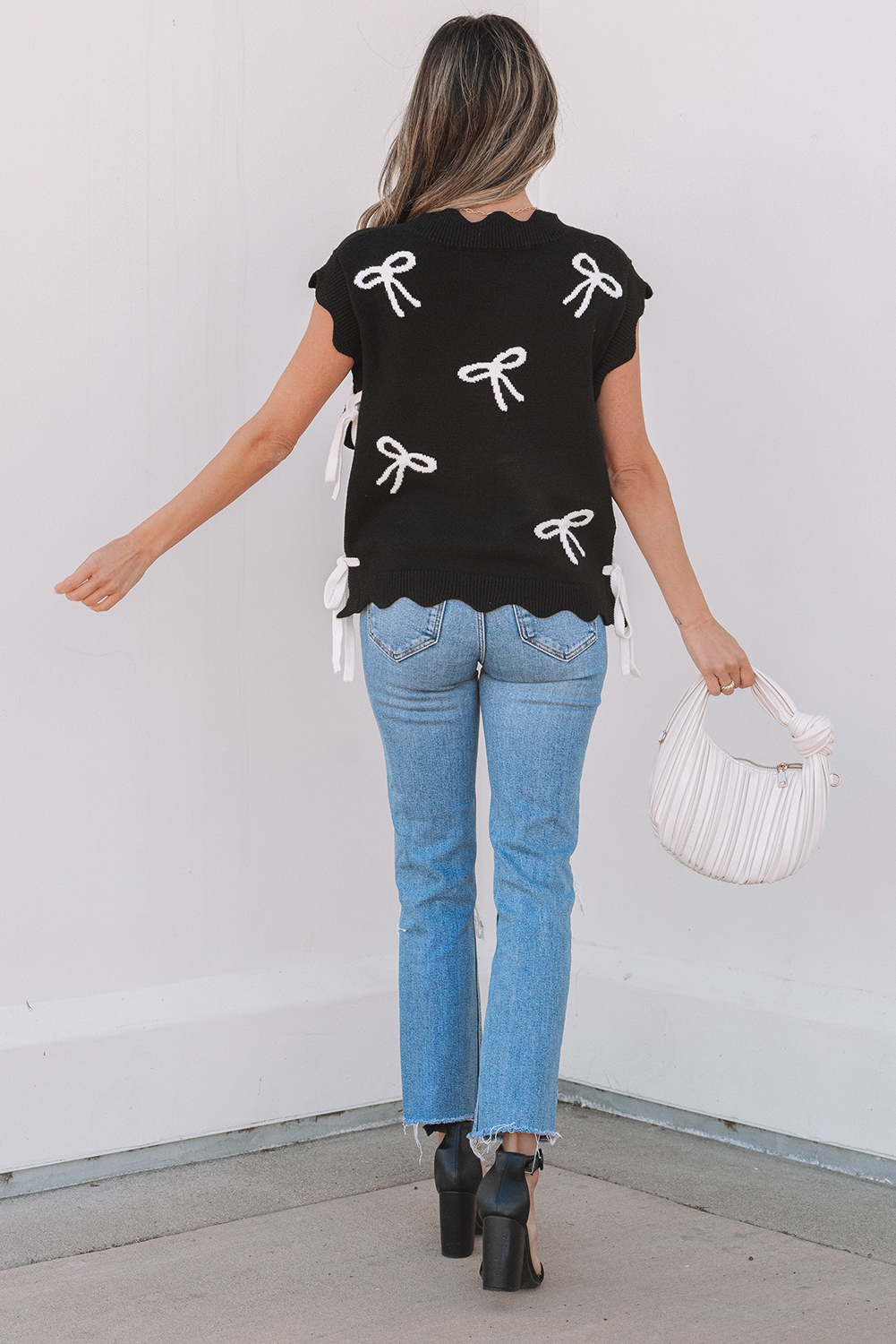 Black Bow Print Side Ties Scalloped Hem Sweater T Shirt - loveforevers