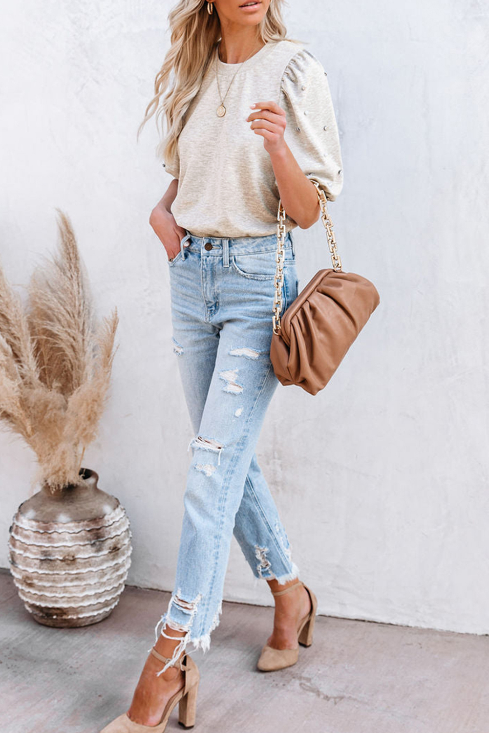 Light Grey Rhinestone Pearl Puff Half Sleeve Top - loveforevers