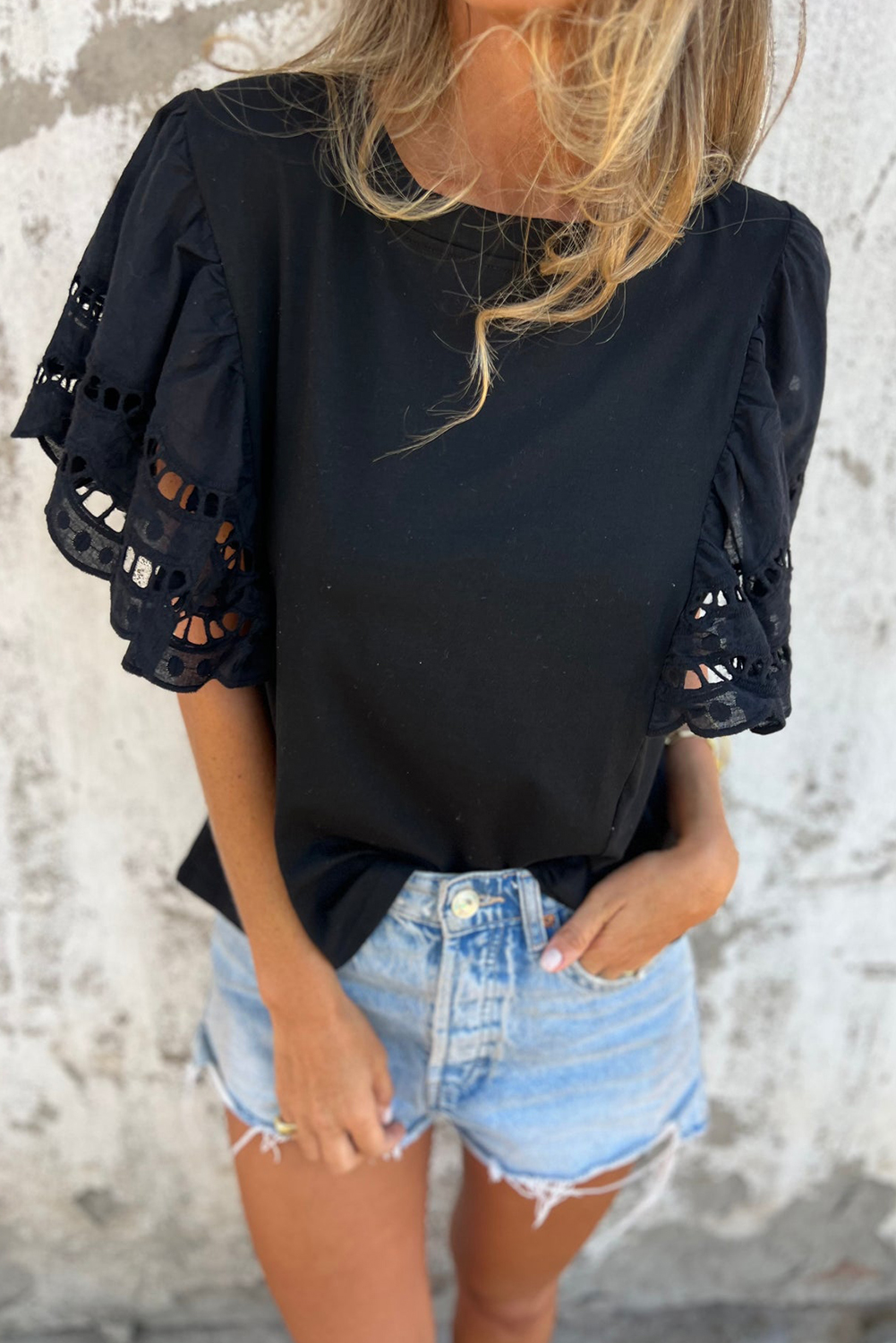 Black Hollow Out Embroidered Short Sleeve O Neck Top - loveforevers