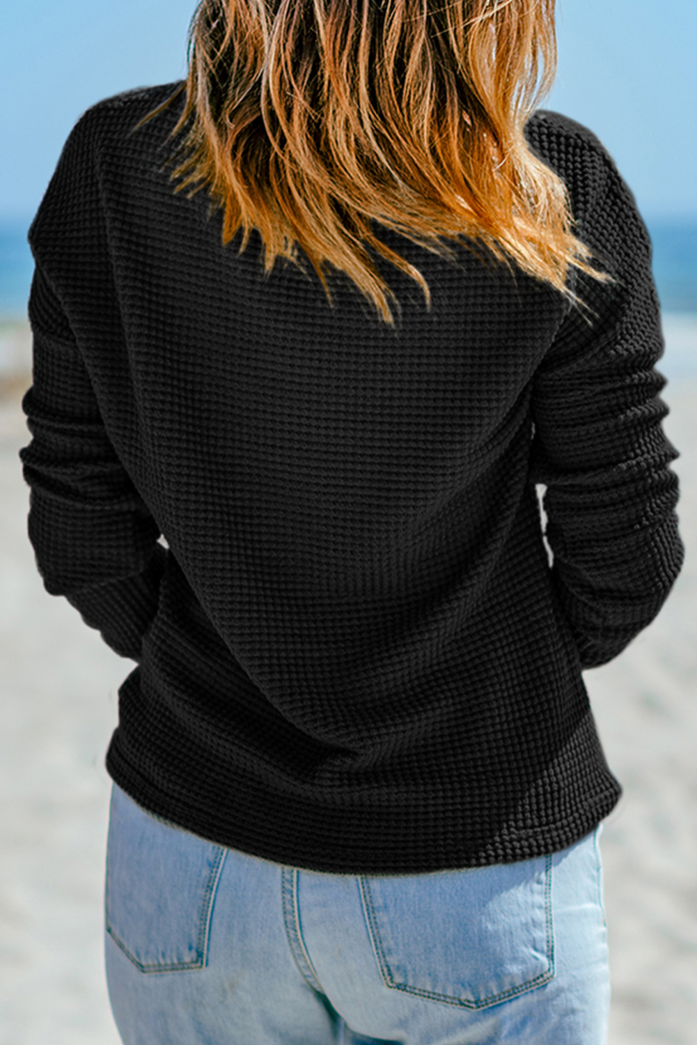 Green Waffle Knit Drop Shoulder Long Sleeve Top - loveforevers