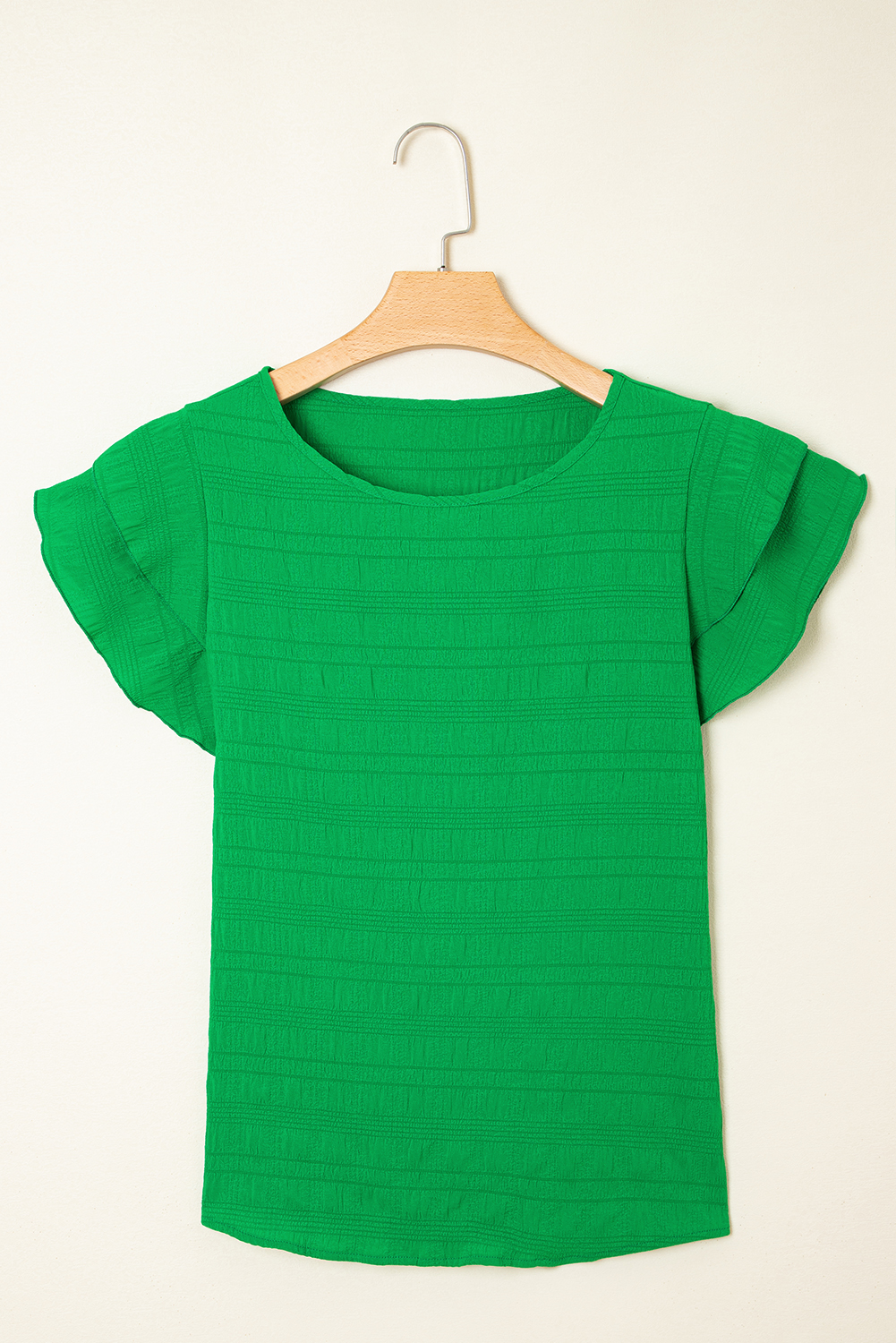 Dark Green Textured Ruffled Sleeve Round Neck Top - loveforevers