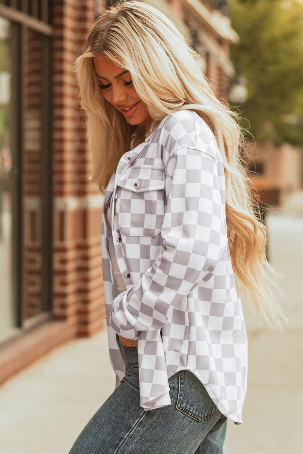 Khaki Checkerboard Flap Pocket Button Front Shacket - loveforevers