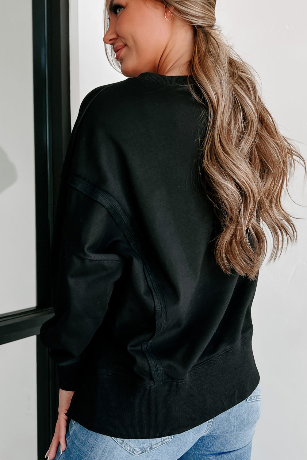 Black Exposed Seam Drop Shoulder Round Neck Sweatshirt with Slits - loveforevers