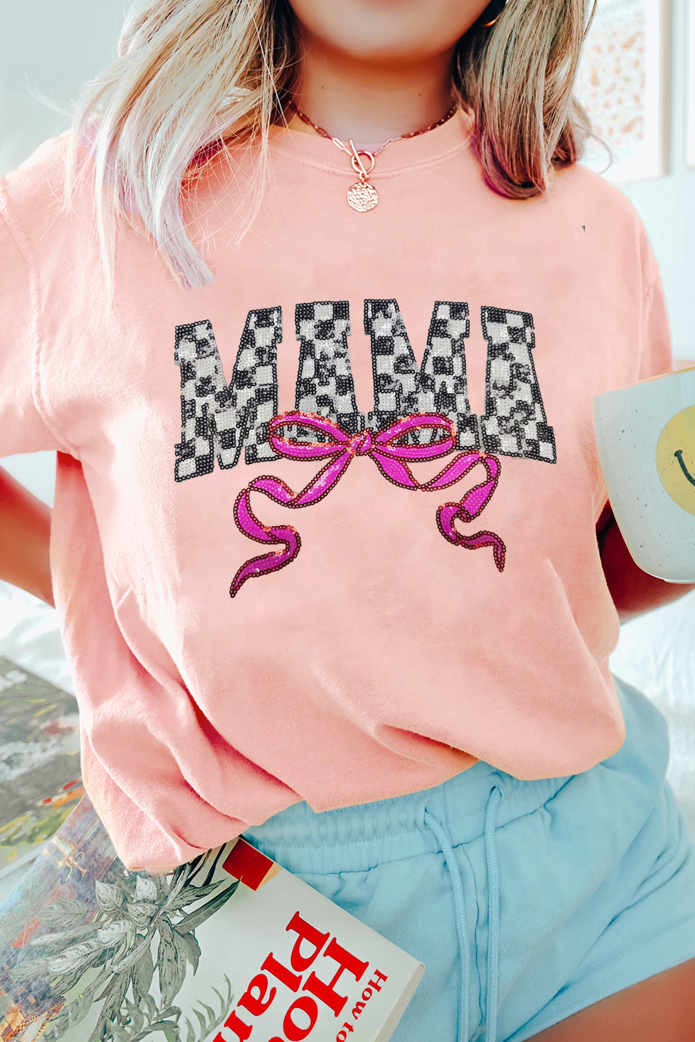 Pink Sequin Checkered MAMA Bow Graphic T Shirt - loveforevers