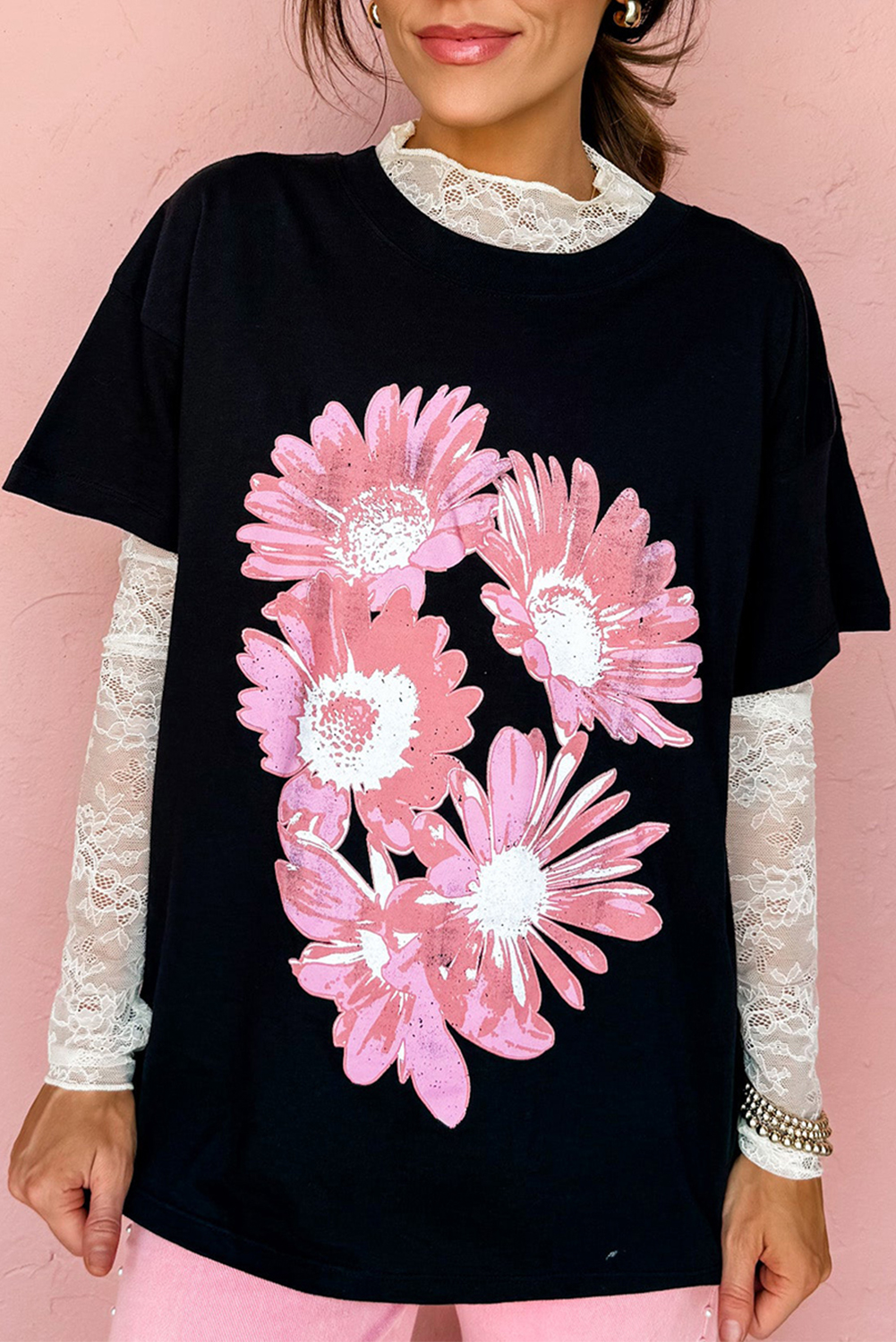 Black Pink Daisy Flower Printed Cotton Blend T Shirt - loveforevers