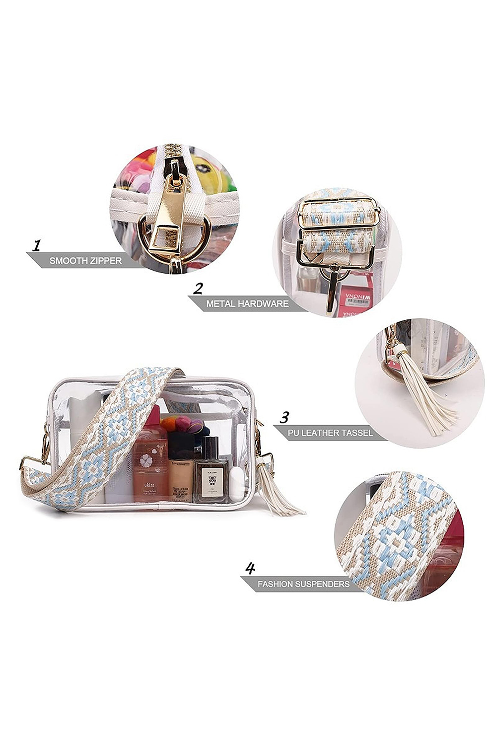 White Contrast Edge Tassel Geo Print Strap Clear Shoulder Bag - loveforevers