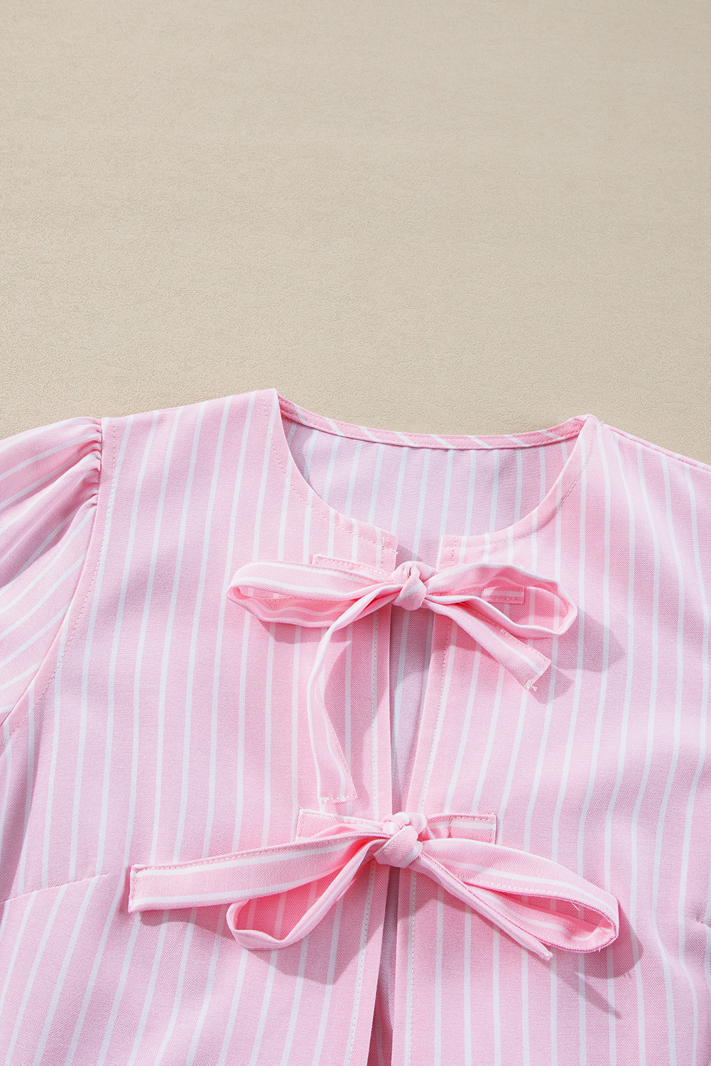 Pink Stripe Bowknot Front Crew Neck Puff Sleeve Blouse - loveforevers