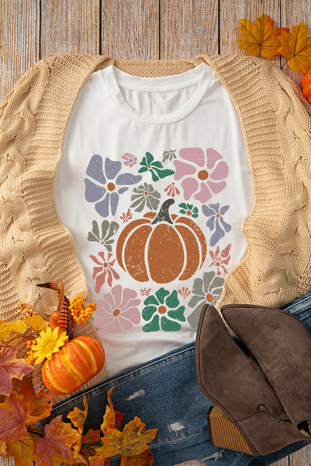 White Flower Pumpkin Distressed Graphic T Shirt - loveforevers