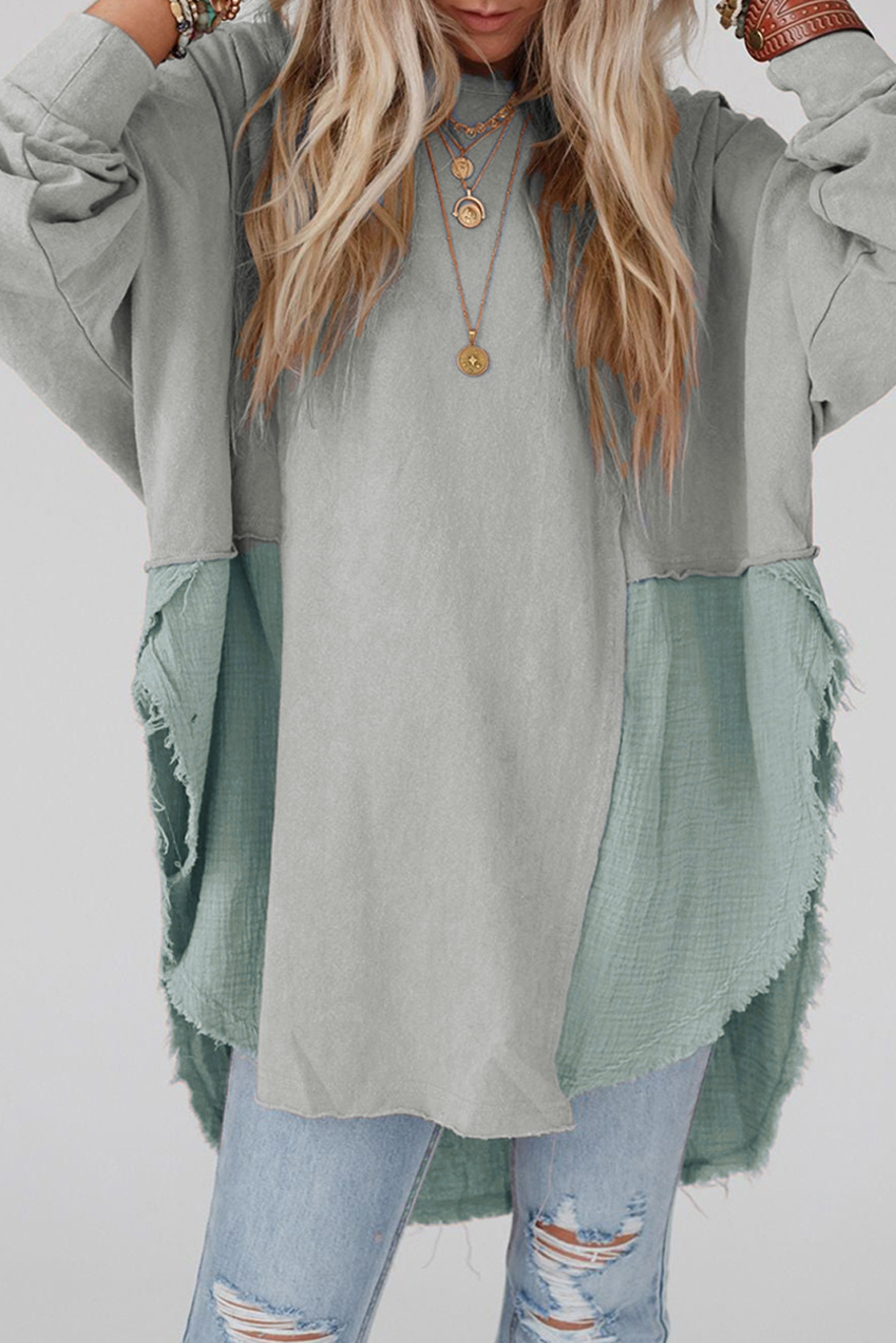 Grey Crinkle Splicing Raw Hem High Low Oversized Blouse - loveforevers