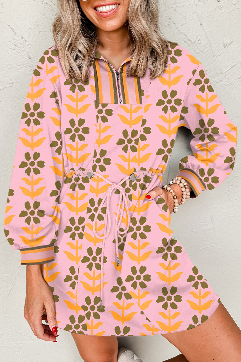 Pink Floral Print Zip Neck Striped Patchwork Long Sleeve Drawstring Dress - loveforevers