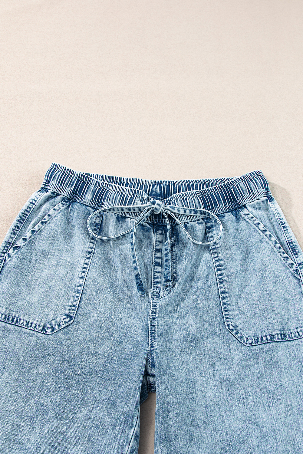 Myosotis Mineral Wash Drawstring Elastic Waistband Loose Straight Denim Pants - loveforevers