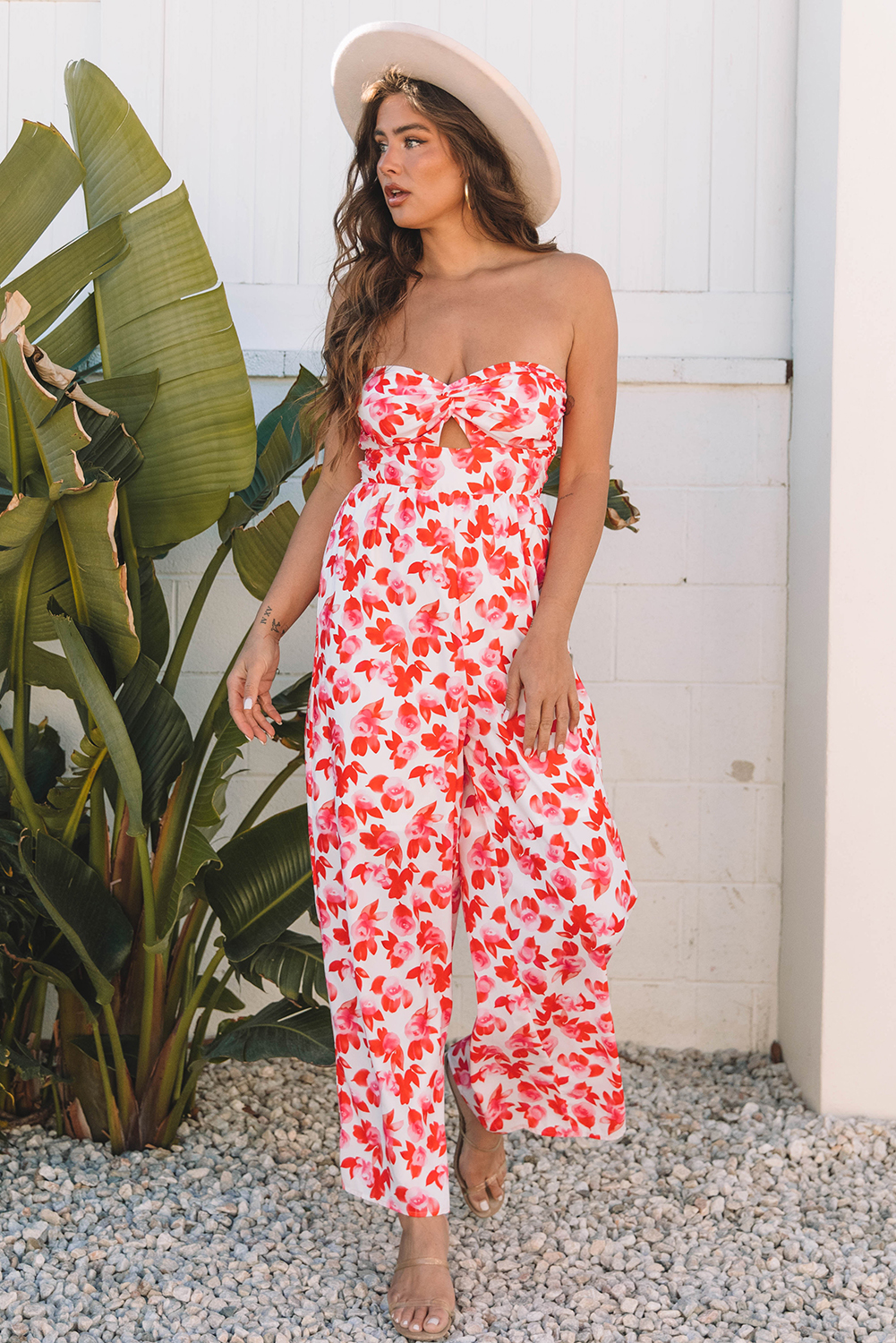 Pink Floral Print Twisted Bandeau Keyhole Pleated Wide Leg Jumpsuit - loveforevers