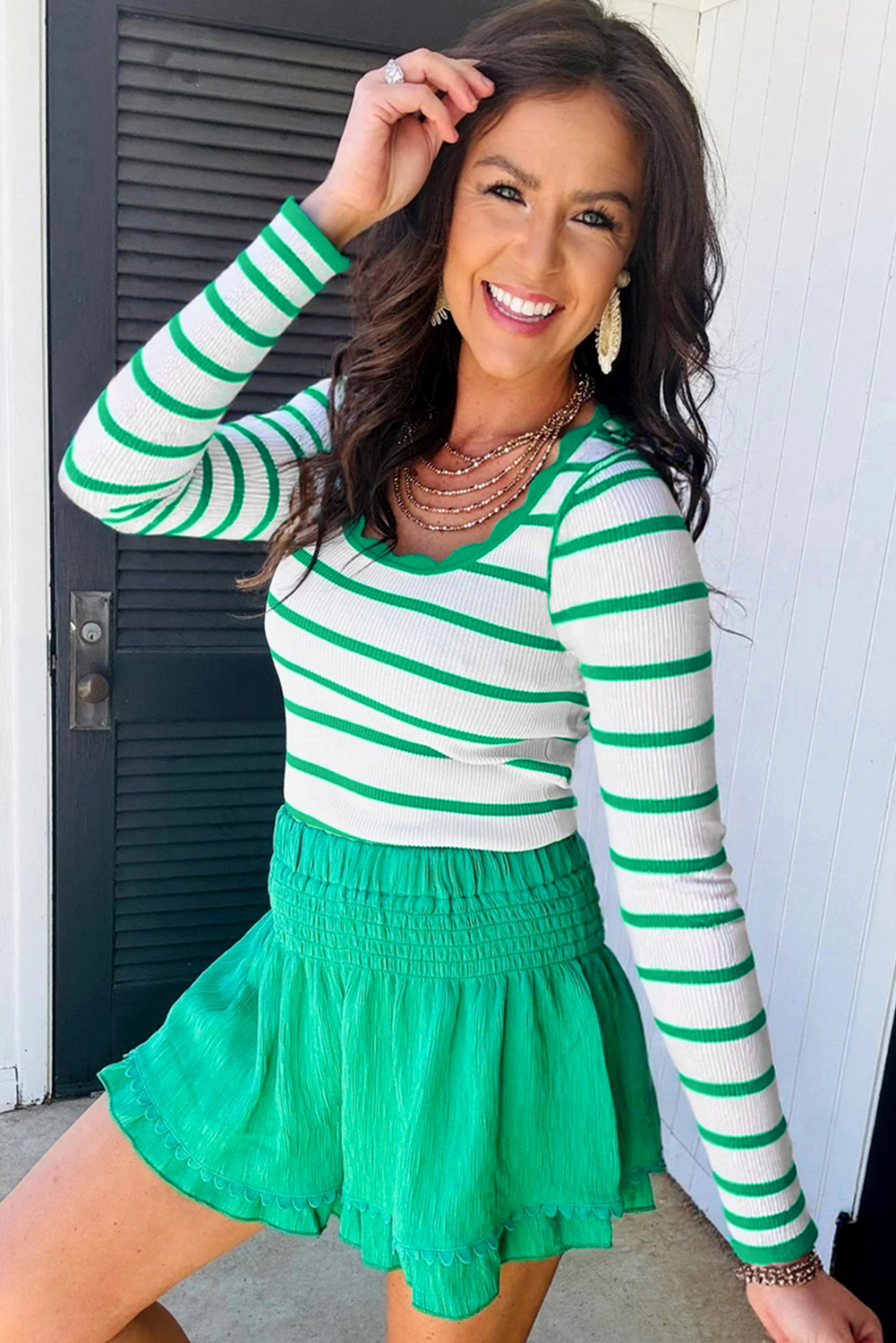 Black white Scalloped Trim U Neck Striped Ribbed Slim Sweater - loveforevers