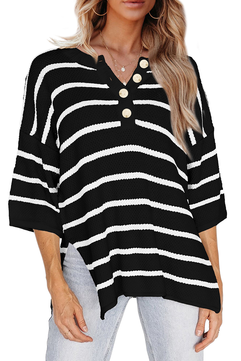 Black Stripe Henley Buttoned Placket Drop Shoulder Bracelet Sleeve Knit Sweater Tee - loveforevers