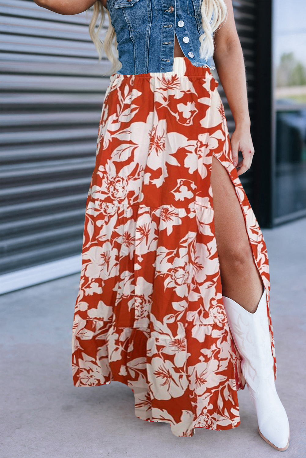 Red High Split Floral Western Cowgirl Maxi Skirt - loveforevers