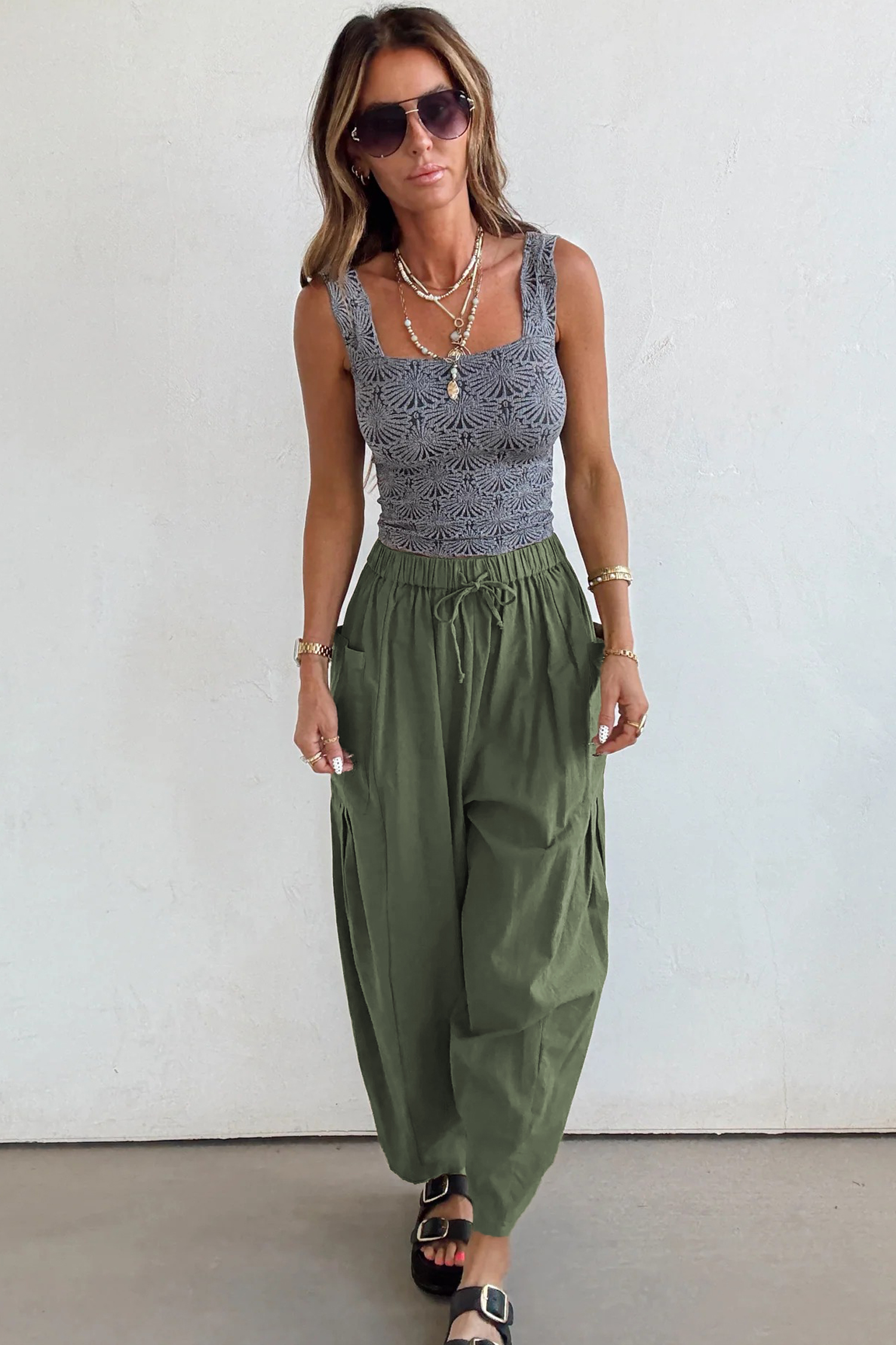 Black Drawstring Elastic Waist Patch Pocket Barrel Leg Casual Pants - loveforevers