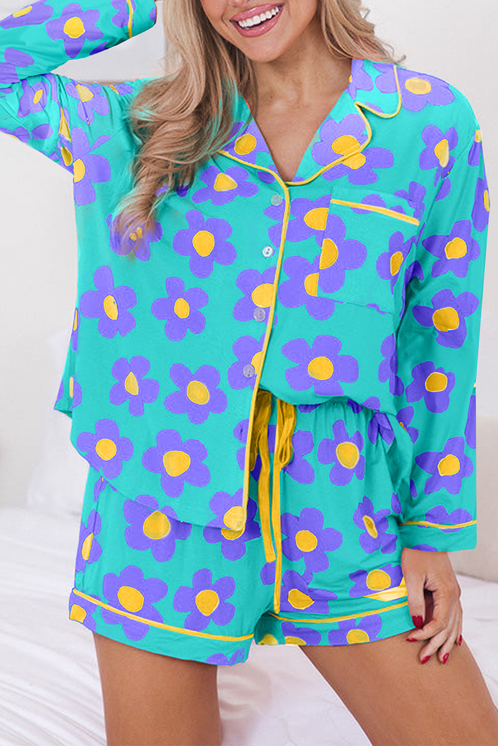Green Flower Print Long Sleeve Shirt Shorts Pajamas Set - loveforevers