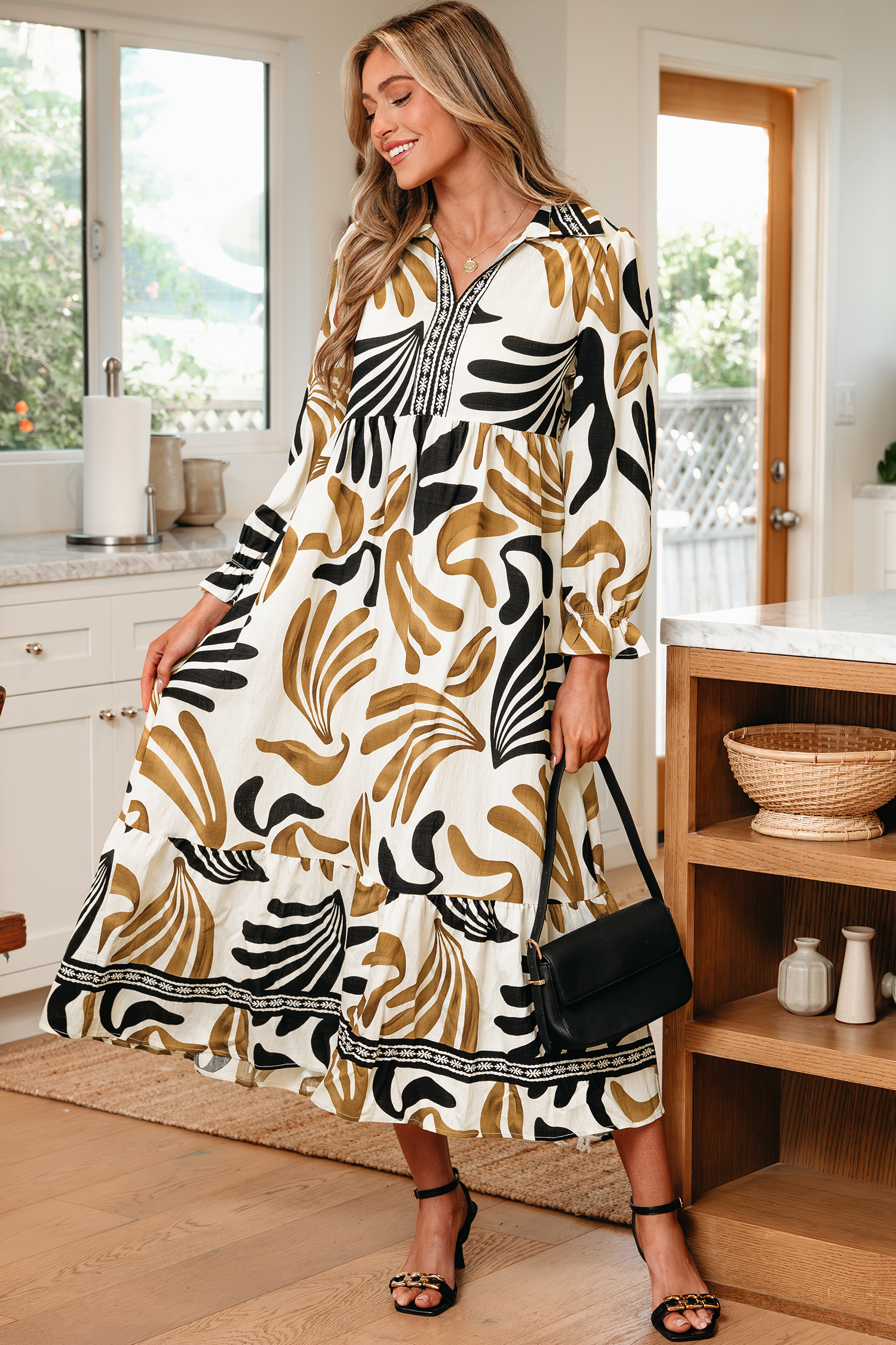 Brown Tropical Printed Contrast Trim Neck Long Sleeve Ruffle Hem Dress - loveforevers