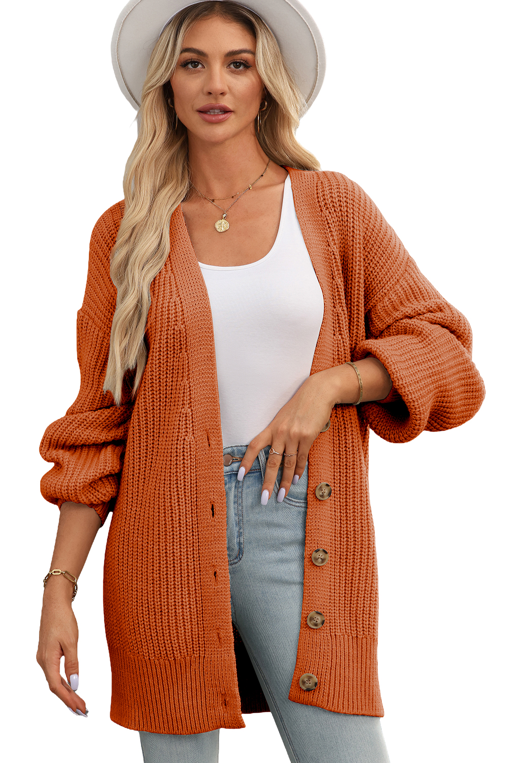 Gold Flame Button Front V Neck Chunky Cardigan Sweater - loveforevers