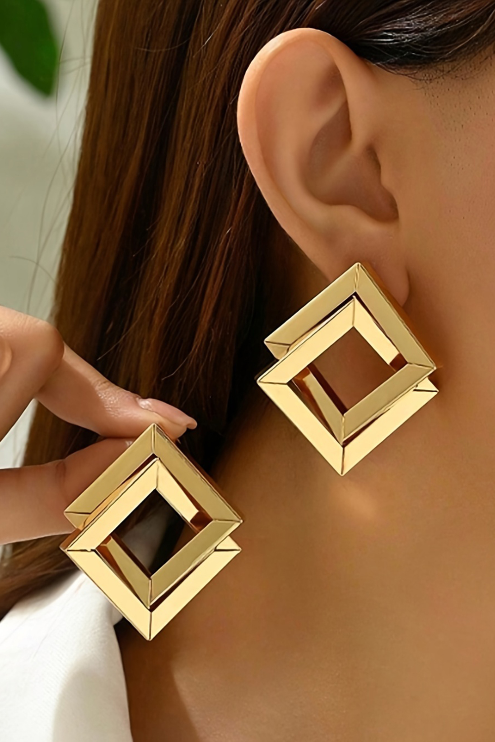 Gold Plated Double Square Geometry Studded Earrings - loveforevers