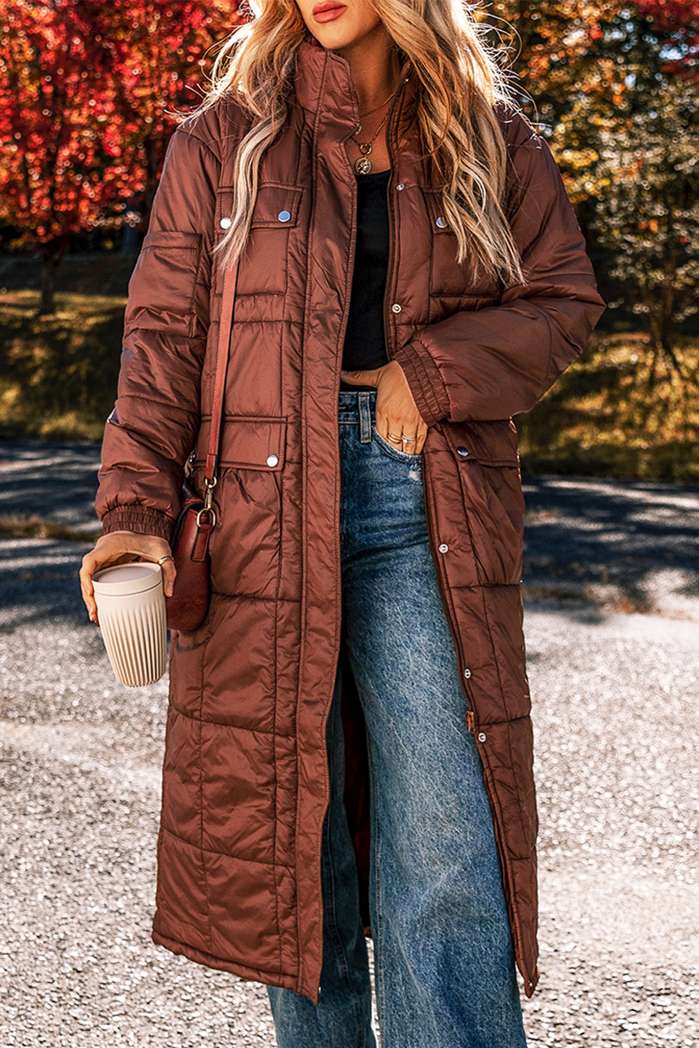 Coffee Quilted Puffer Stand Neck Zipped Mid-length Coat - loveforevers