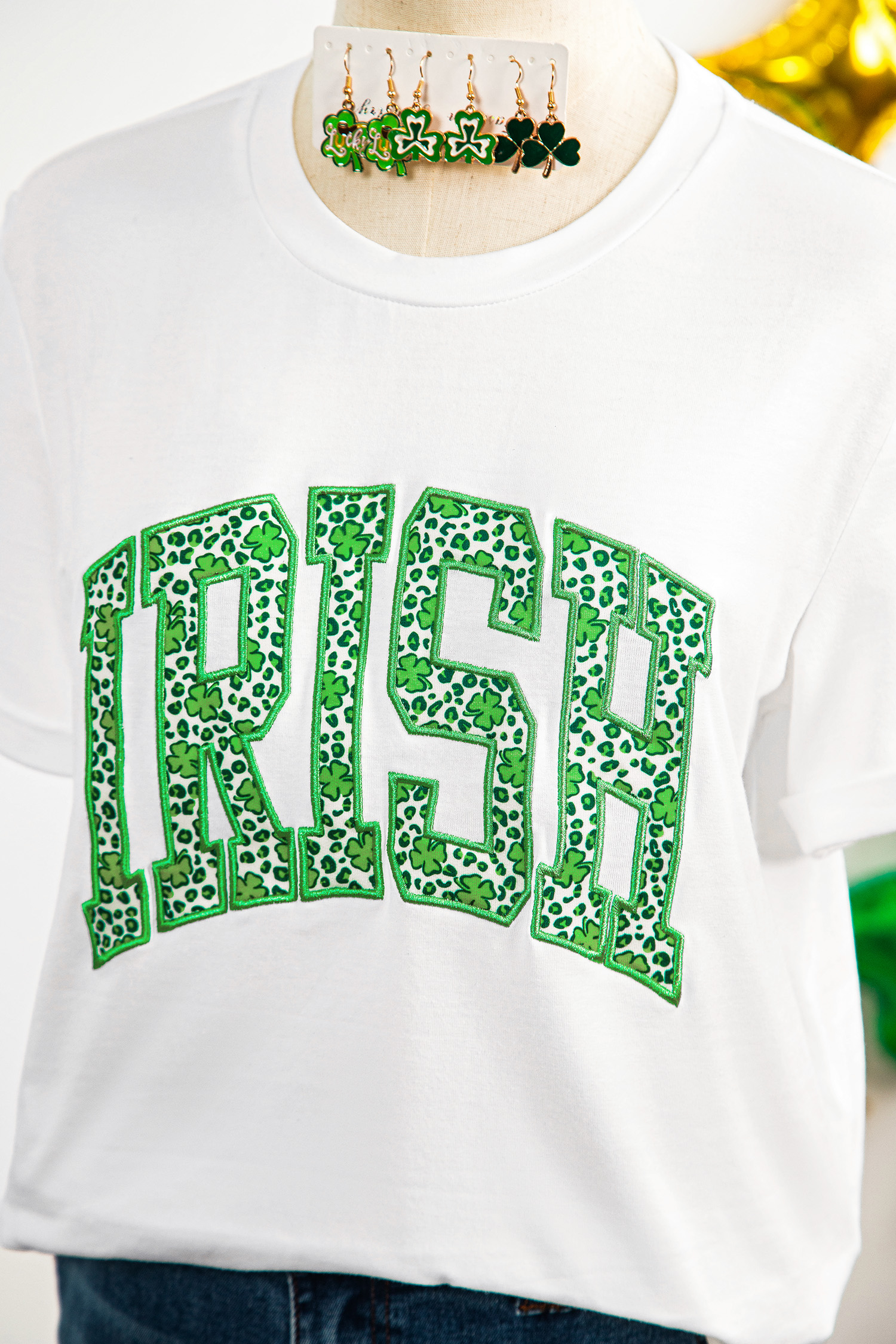 White IRISH Leopard Clover Embroidered Patch Graphic Tee - loveforevers
