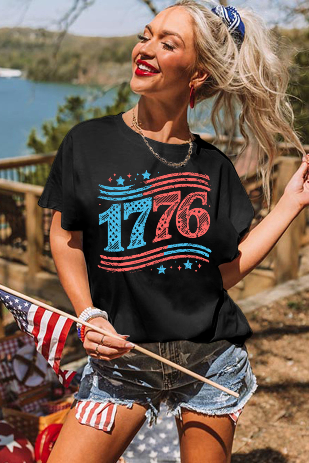 Black 1776 American Flag Theme Print Crew Neck T Shirt - loveforevers