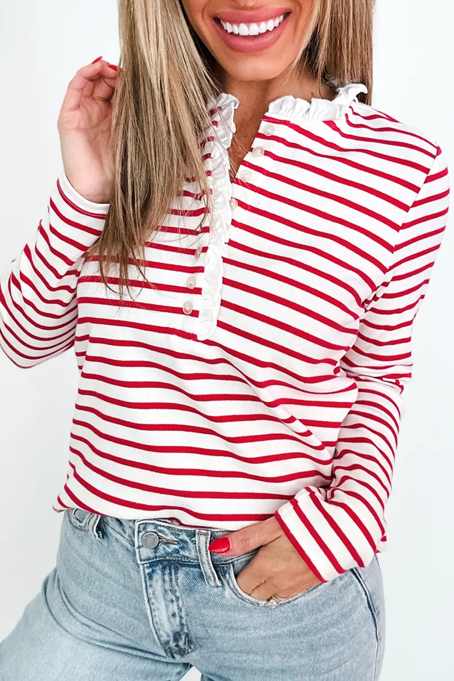 Red Stripe Contrast Frilled Trim Half Button Long Sleeve Top - loveforevers