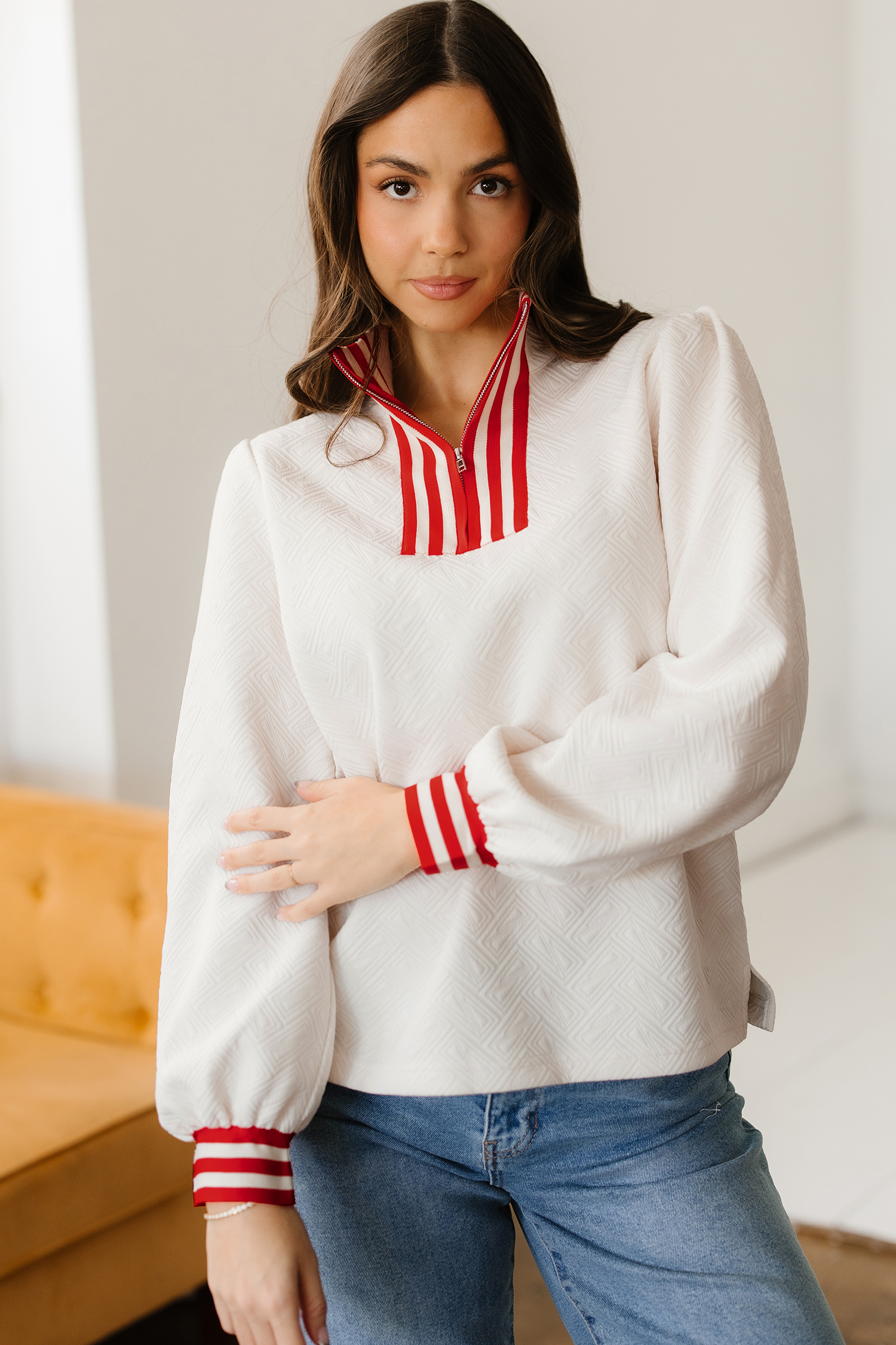 White Textured Knit Contrast Striped Accent Zipped Collar Pullover Top - loveforevers
