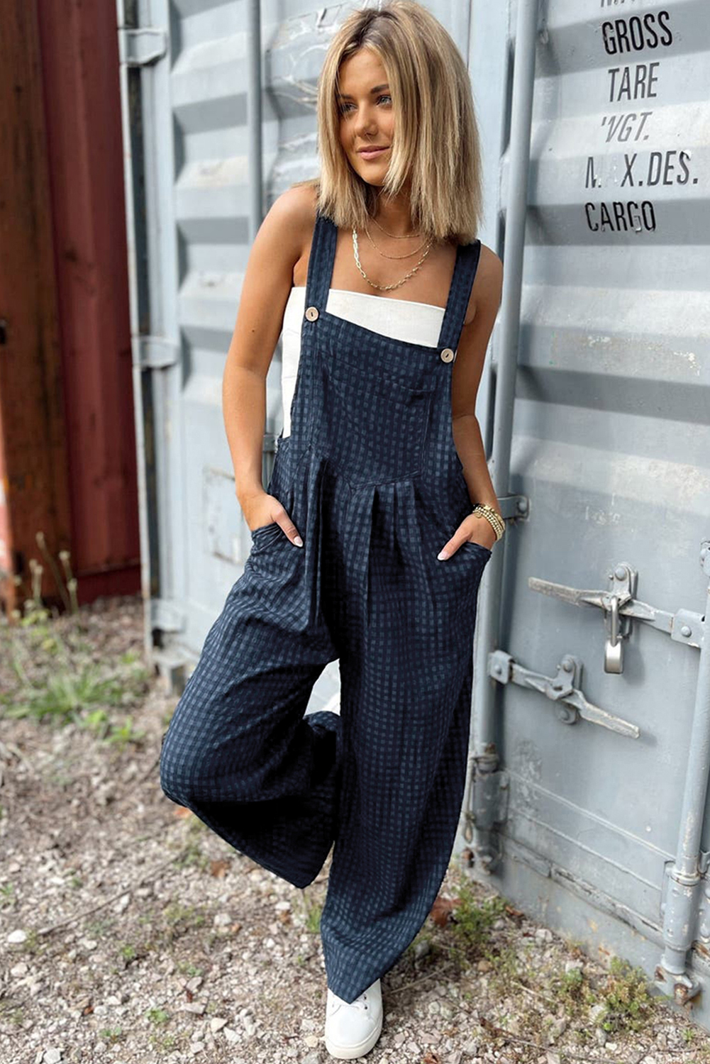 Sail Blue Plaid Print Buttoned Pocketed High Waist Overall - loveforevers