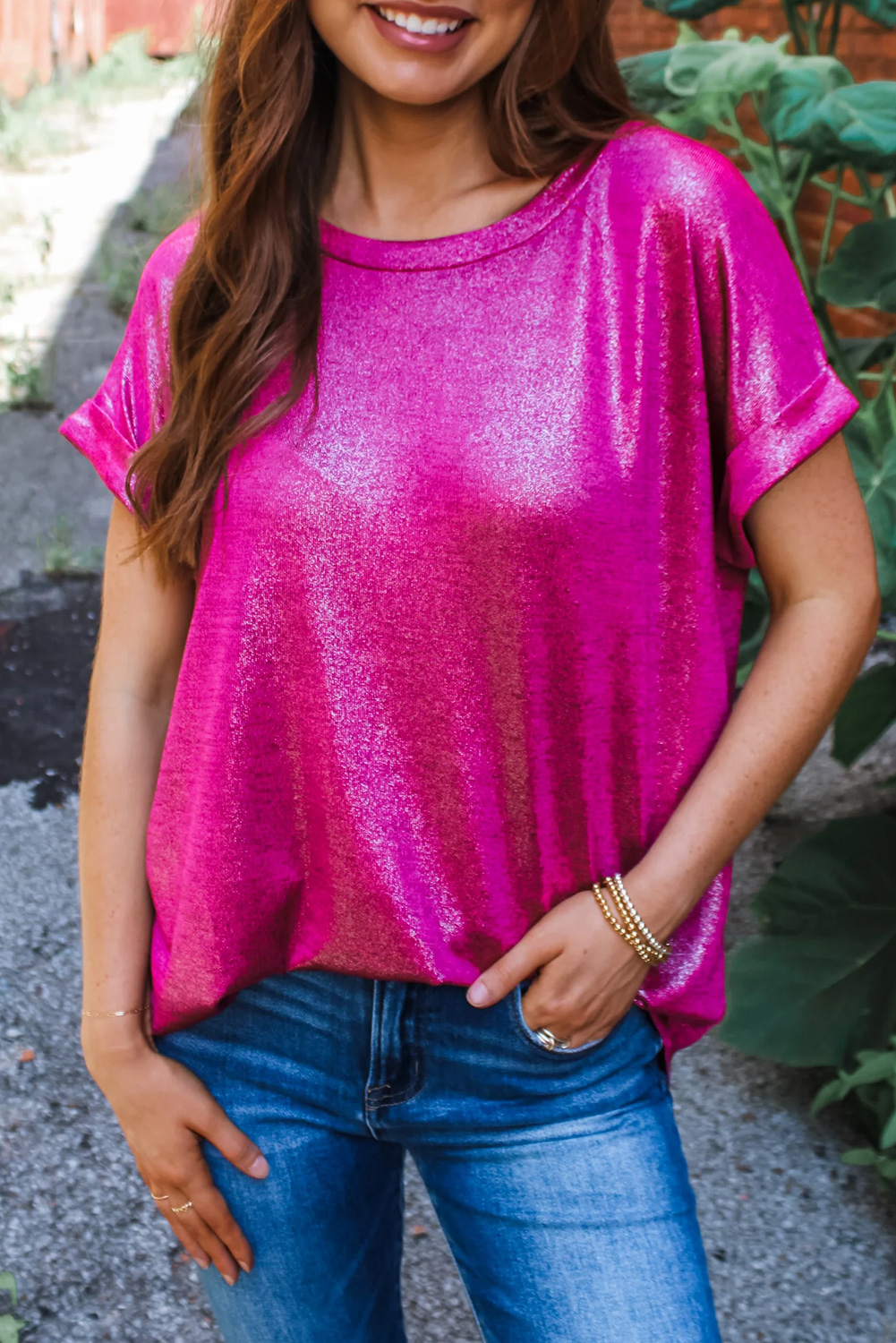 Festival Fuchsia Shine Shimmer Cuffed Short Sleeve Casual Top - loveforevers