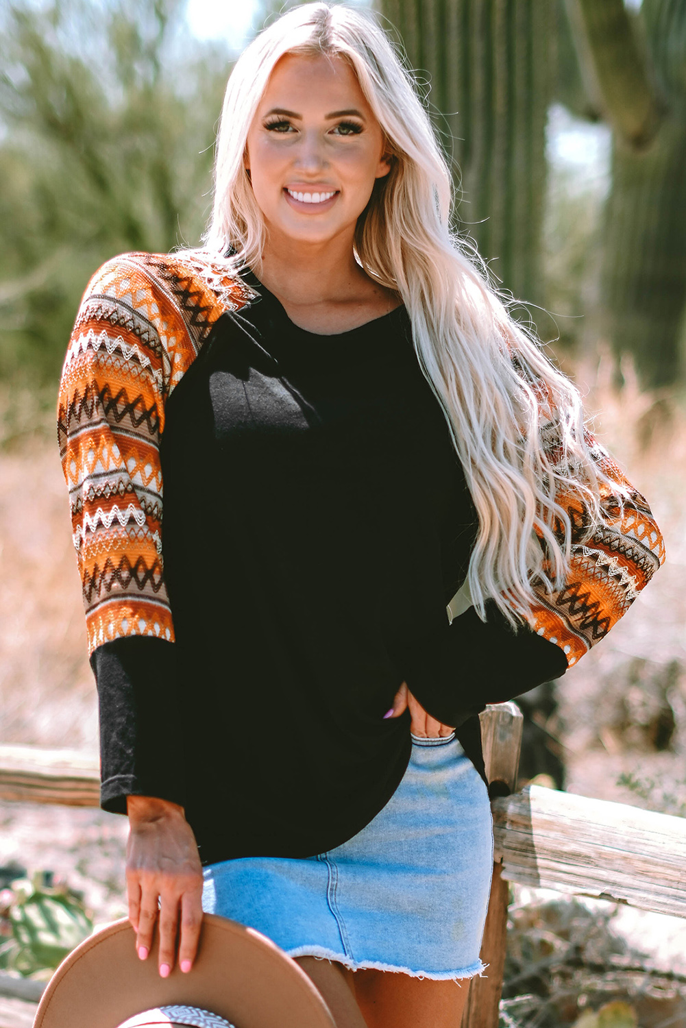 Orange Geo Print Raglan Patchwork Long Sleeve Tee - loveforevers