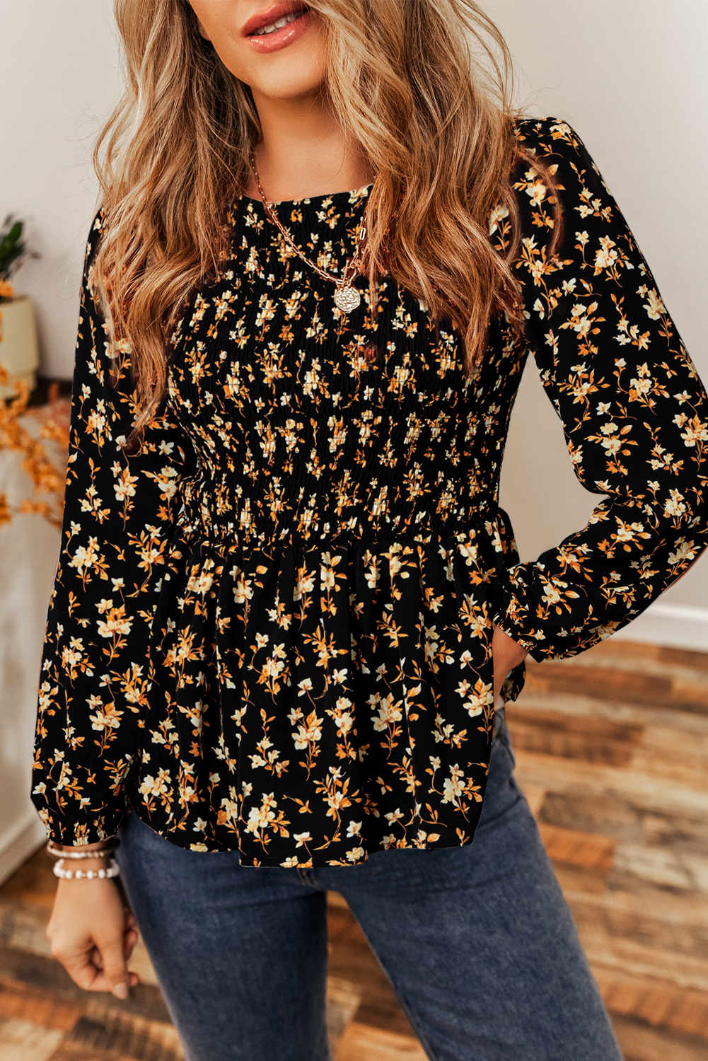 Black Boho Floral Smocked Bust Ruffled Peplum Blouse - loveforevers