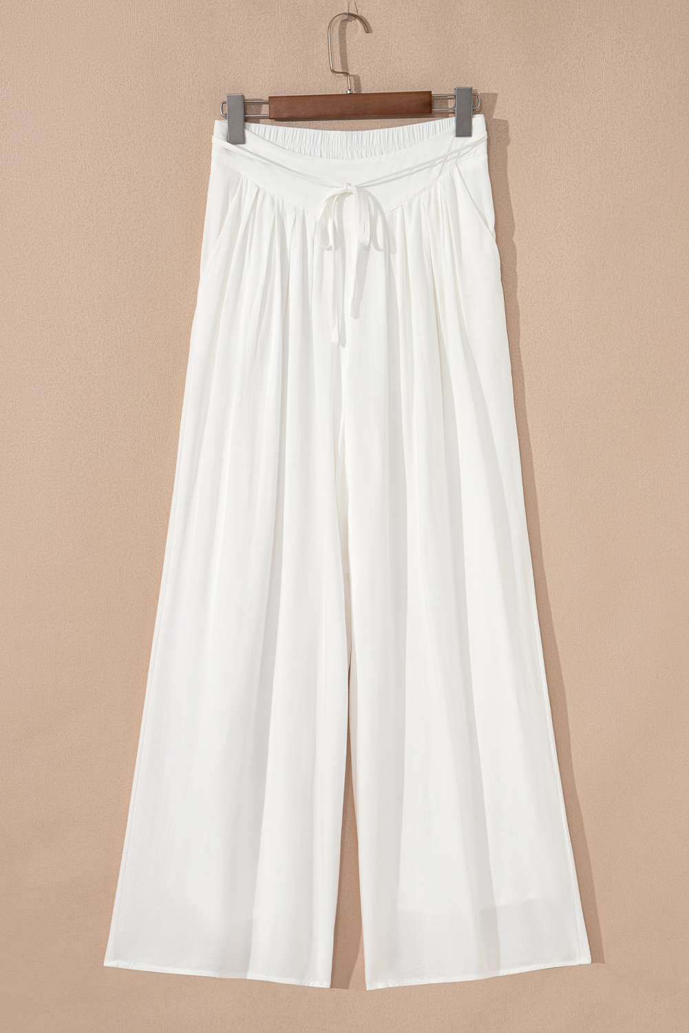 White Solid Drop Waist Pleated Wide Leg Casual Pants - loveforevers
