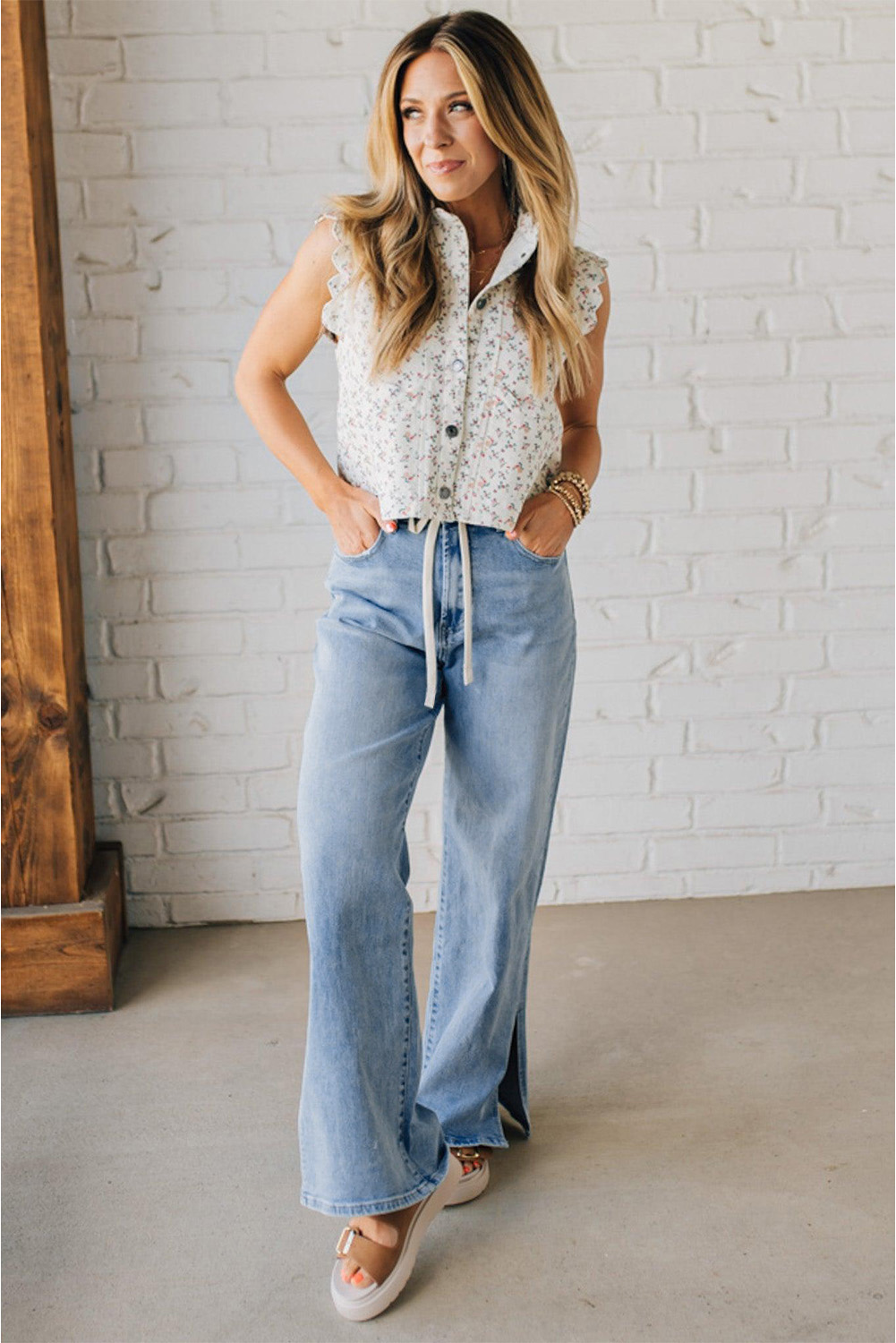 Myosotis Slit Leg High Rise Drawstring Casual Jeans - loveforevers