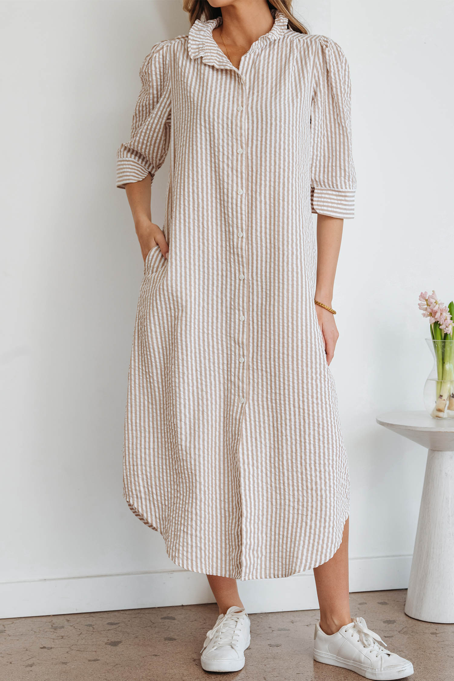 Khaki Stripe Frilled Collar Half Sleeve Shirt Maxi Dress - loveforevers