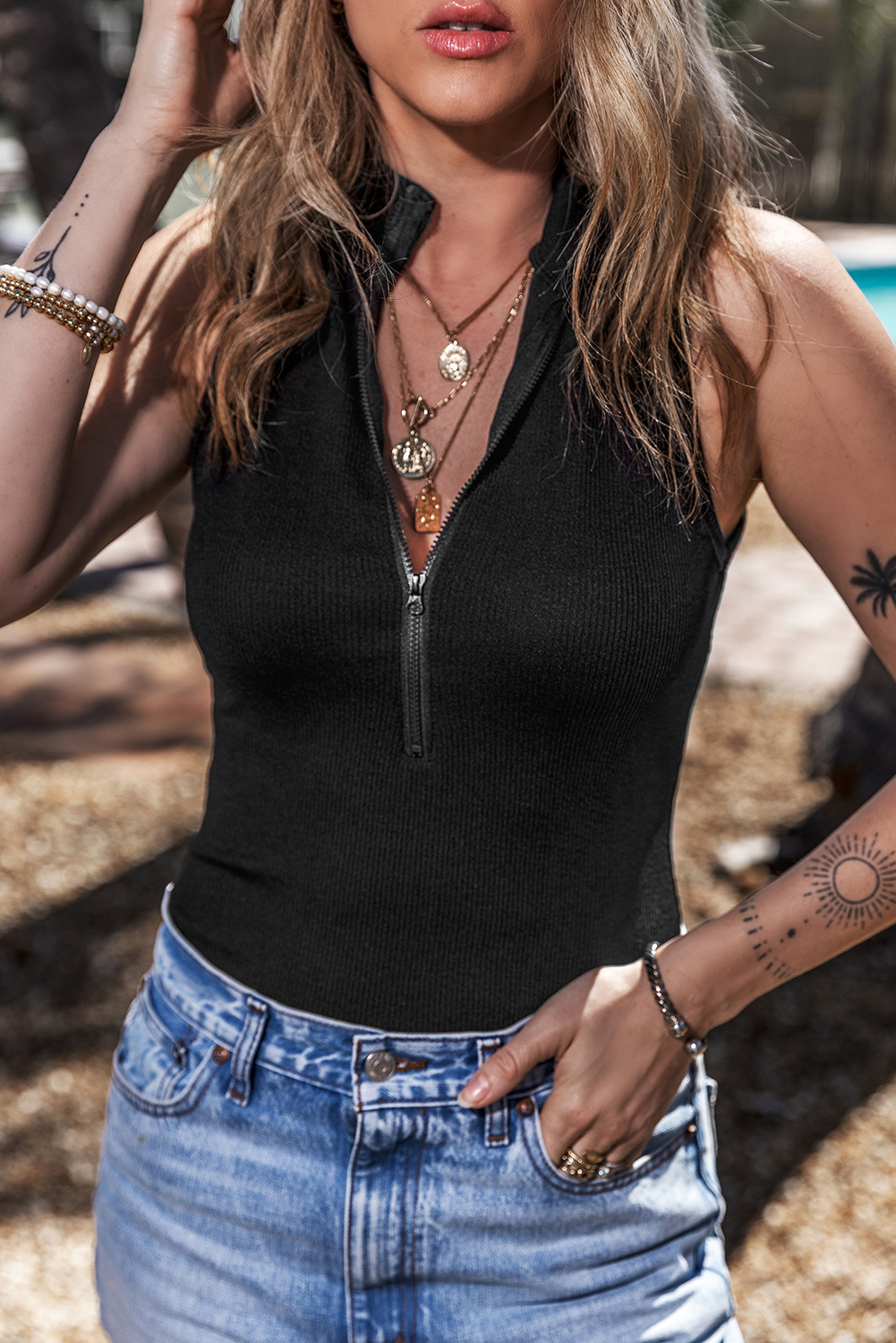 Black Zip up Mock Neck Ribbed Sleeveless Bodysuit - loveforevers