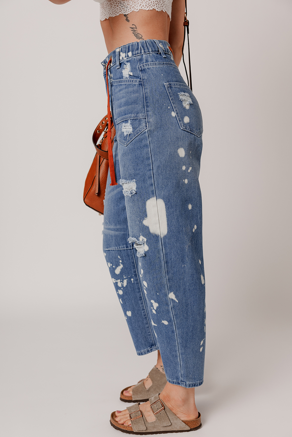 Ashleigh Blue Ripped Splattering Paint Rope Waist Cropped Straight Jeans - loveforevers