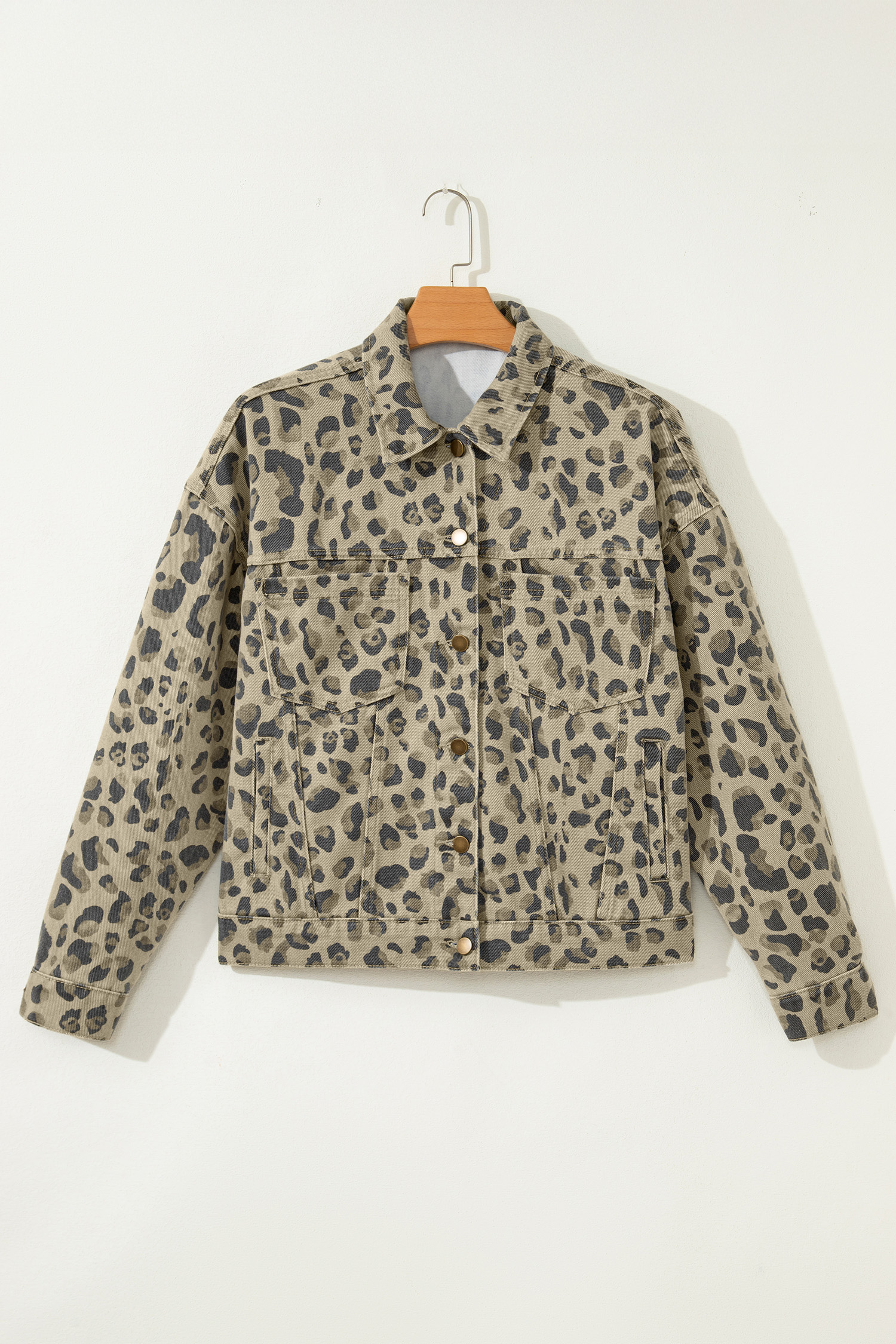 Khaki Retro Leopard Print Seam Detail Button Down Denim Jacket - loveforevers